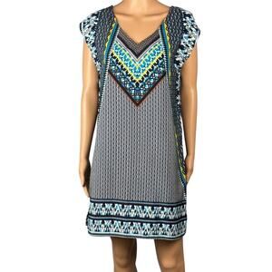 BeBop Women's Blue Black Yellow Tribal Abstract Design Shift Dress Size Medium‎